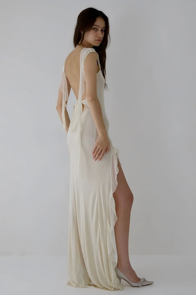 High Slit Ruffle Slip Dress