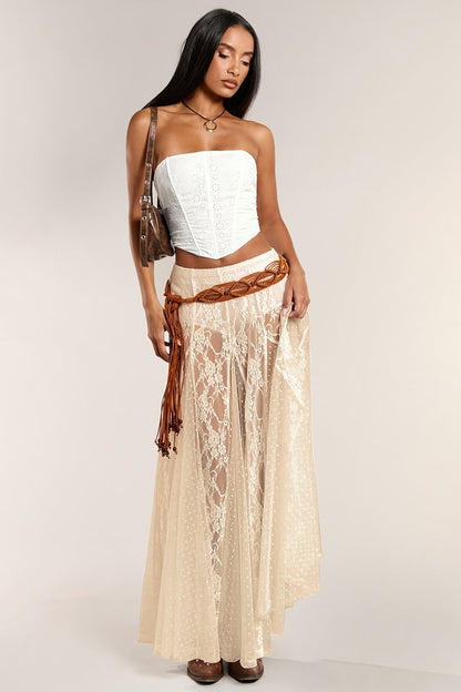Lace Print Sheer Low Waist Maxi Boho Skirt