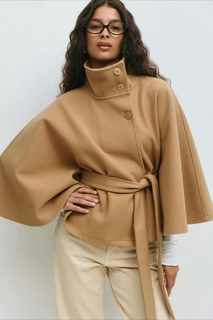 High Neck Button Detail Batwing Sleeve Coat