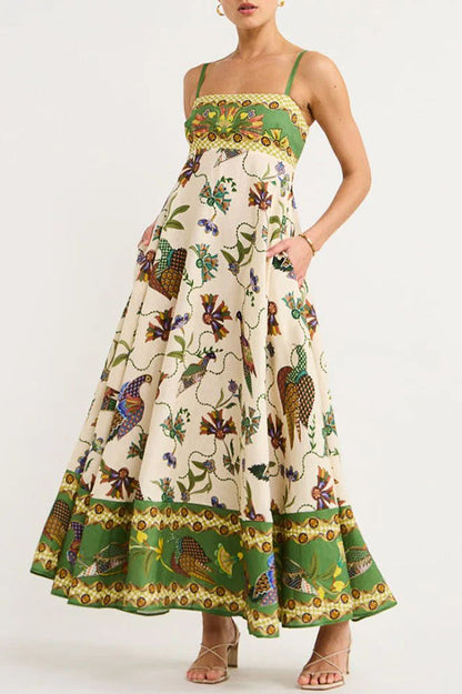 Bird Print Border Hem Spaghetti Strap Fit and Flare Pocket Maxi Dress