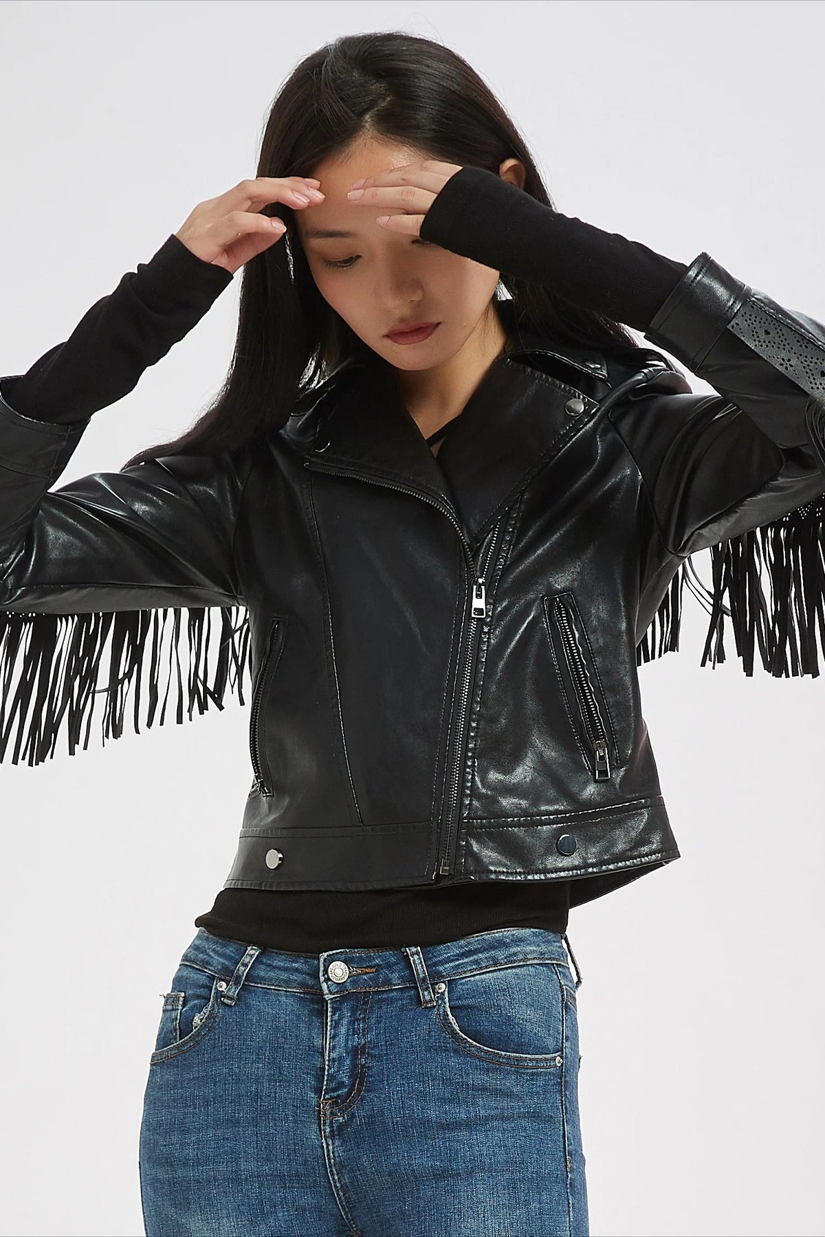 Faux Leather Tassel Biker Jacket