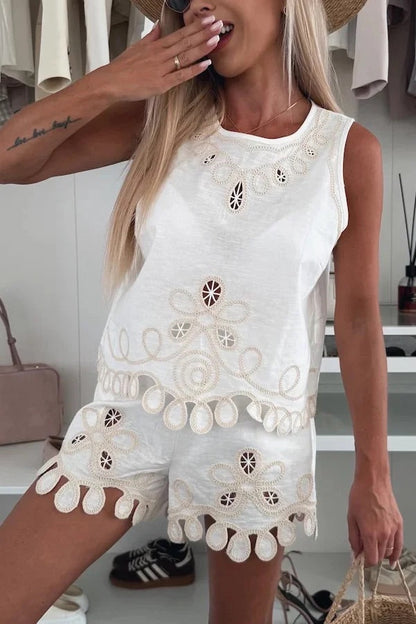 Angie Embroidery Cut-out Sleeveless Top and Elastic Waist Loose Shorts Set