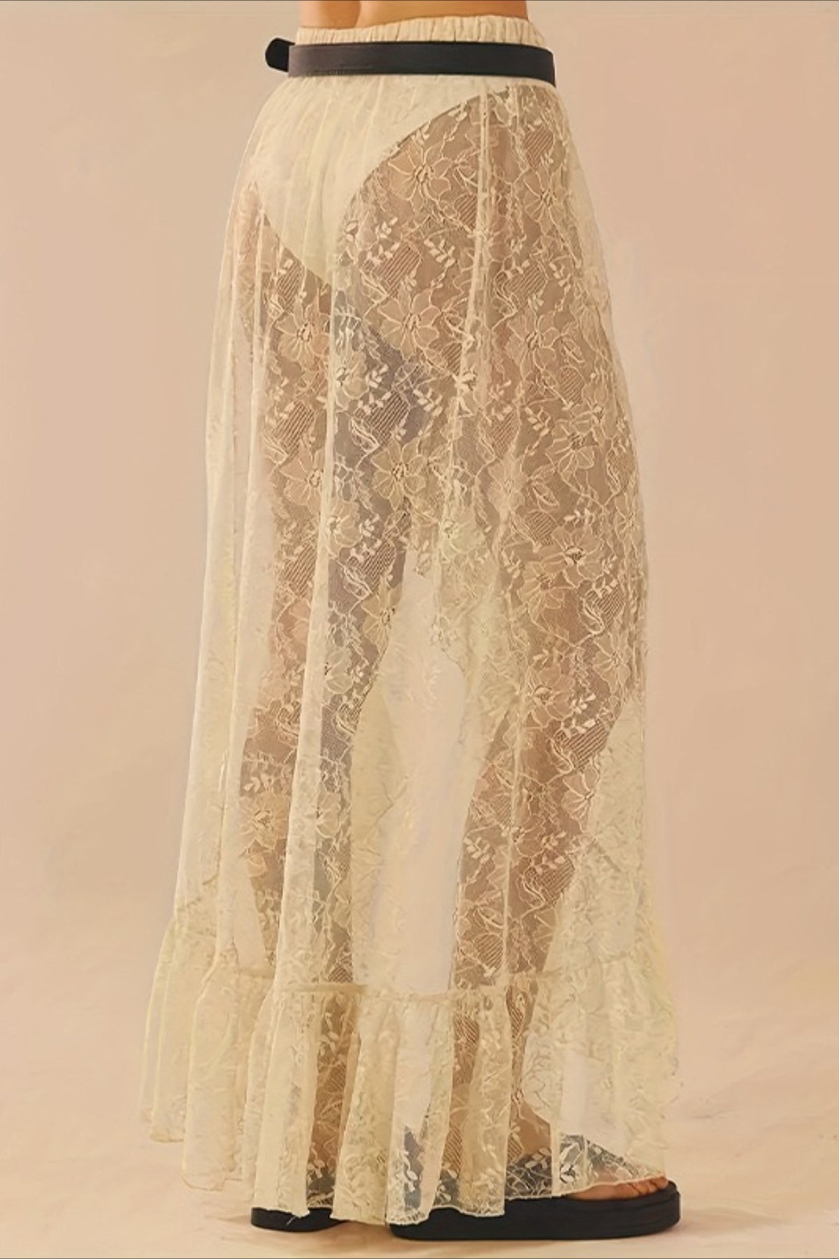 Lace Insert High Waist Slit Asymmetrical Midi Skirt
