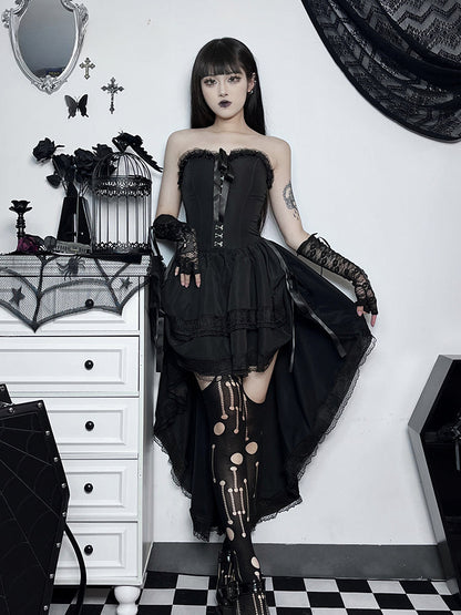 Strapless Corset Hook Front Lace Trim Hi-Low Ruffle Mini Dress
