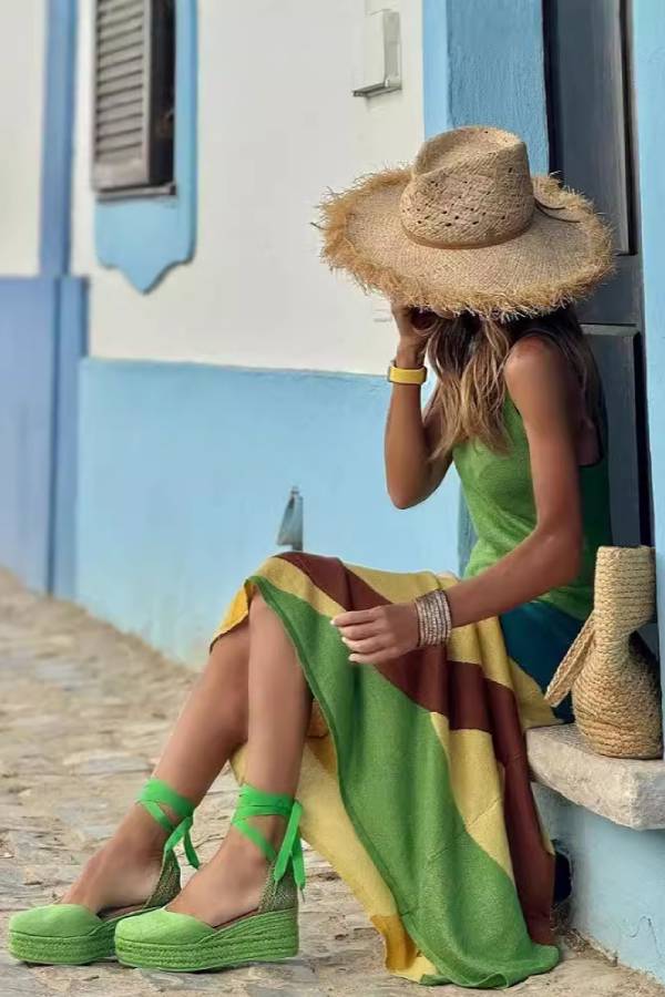 Knit Cami Color-Blocked Wave Panel Maxi Dress