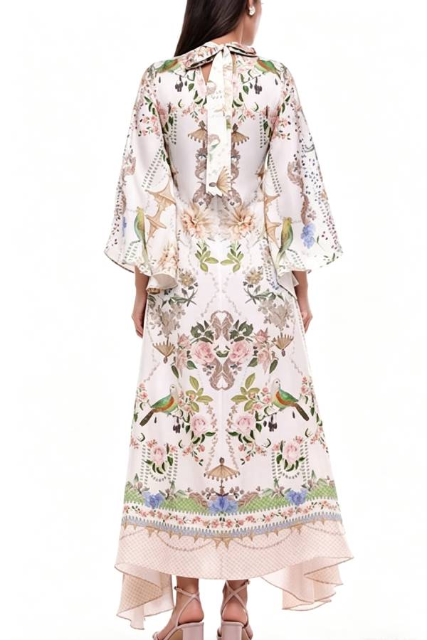 Serene Refinement Unique Art Printed High Tie-up Neck Bell Sleeve Kaftan Maxi Dress