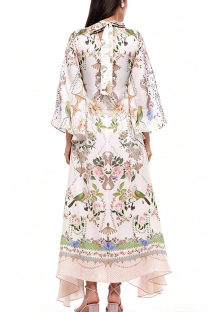 Serene Refinement Unique Art Printed High Tie-up Neck Bell Sleeve Kaftan Maxi Dress