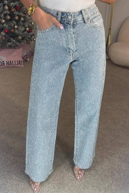 High‑Waisted Full Rhinestone Wide‑Leg Jeans