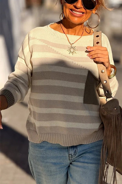 Xander Knit Color-block Stripes Wide Neck Long Sleeve Pocket Relaxed Sweater