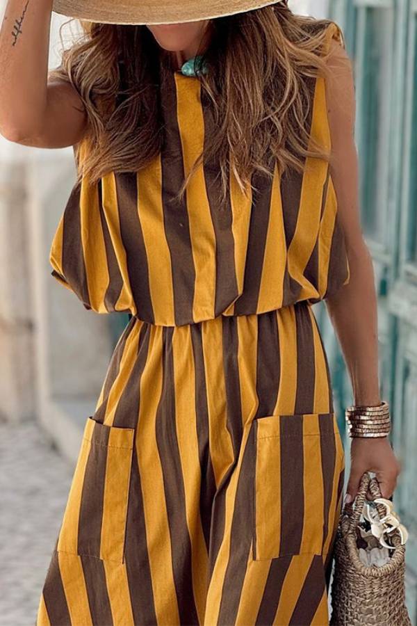 Sleeveless Striped Waist-Cinched Maxi Dress