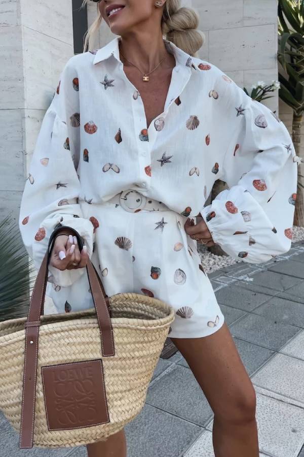 Seashell & Starfish Print Puff Sleeve Shirt + High-Waisted Shorts Set