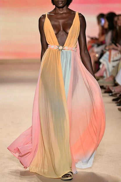 Rainbow Sky Chiffon Ombré Print Metal Decoration Woven Belted Vacation Maxi Dress