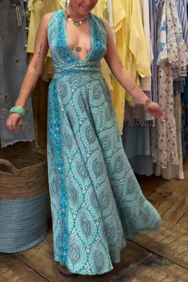 Unique Print Halter Neck Straps Backless Vacation Maxi Dress