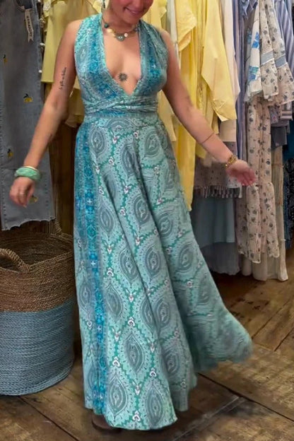 Unique Print Halter Neck Straps Backless Vacation Maxi Dress