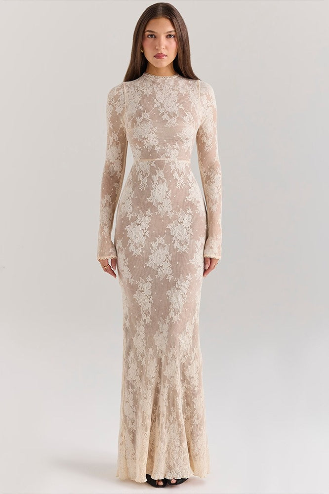 Lace Round Neck Long Sleeve Hollow Slim Lace Dress