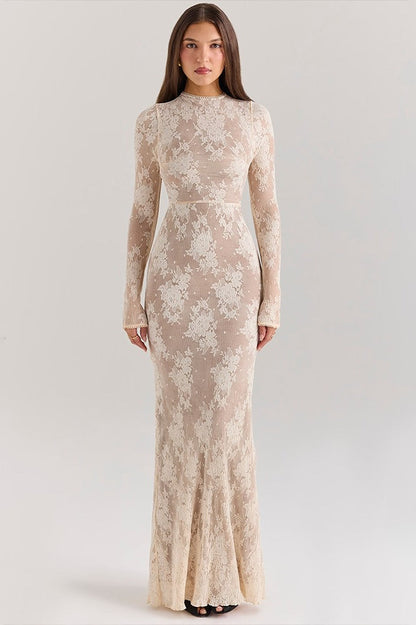 Lace Round Neck Long Sleeve Hollow Slim Lace Dress