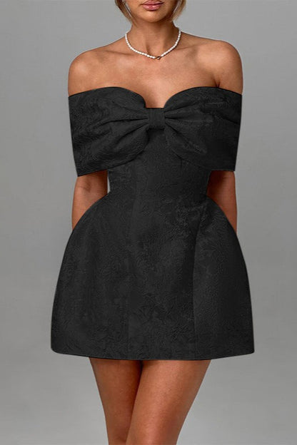 Jacquard Oversized Bow Off Shoulder Fit and Flare Mini Dress