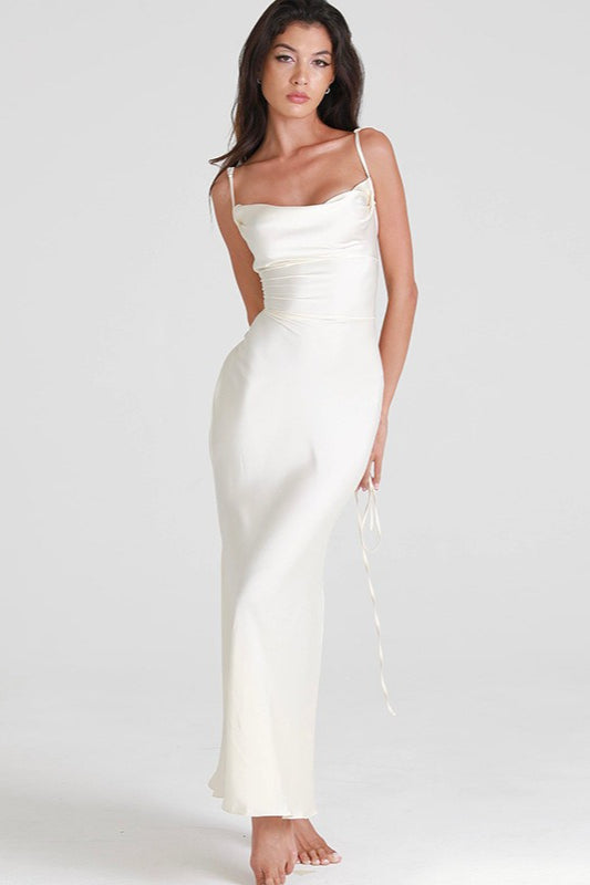 Solid Tie Waist Spaghetti Strap Slim Fit Prom Dress