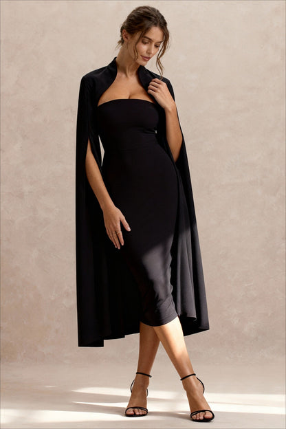 Cut Out Collar Square Neck Cape Sleeve Bodycon Midi Dress
