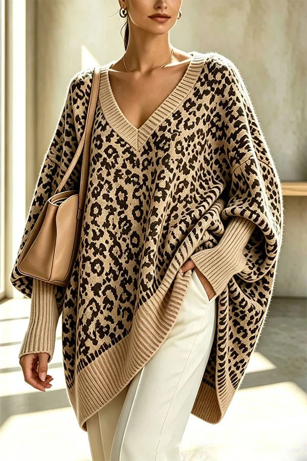 Relaxed Style Knit Leopard Print V-neck Batwing Sleeve Loose Sweater