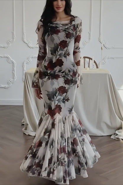 Elegant Long Sleeve Mermaid Rose Floral Dress