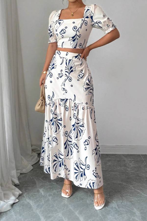 Square Neck Puff Sleeve Printed Crop Top & Ruffle Hem Slit Maxi Skirt Two-Piece Set