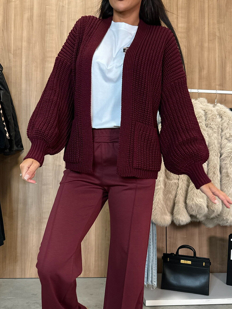 Solid Color V-neck Long-sleeved Casual Knitted Cardigan
