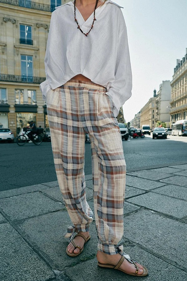 Adrenia Plaid Print Mid Rise Elastic Waist Pocket Tie-up Hem Balloon Pants