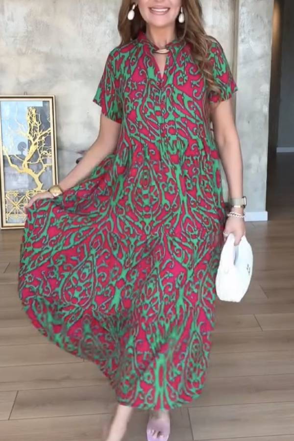 Ethnic Print V-Neck Short Sleeve Tiered Flowy Maxi Dress