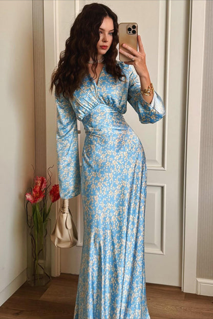 Elegant V Neck Flare Sleeve Maxi Floral Dress