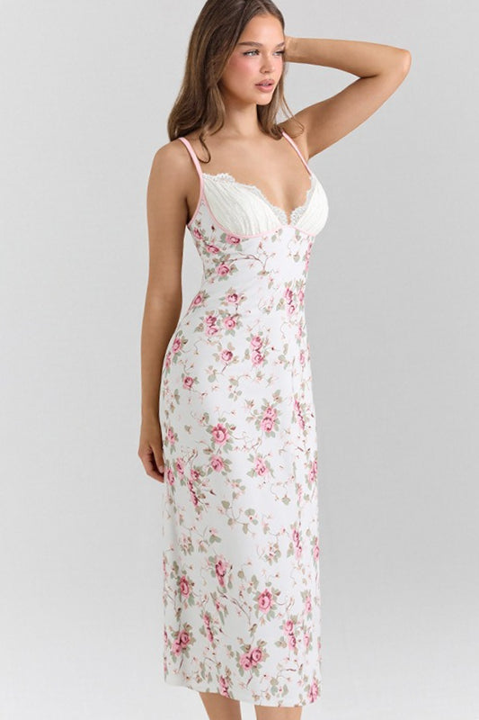 Lace Patchwork Printed V Neck Bodycon Floral Dress