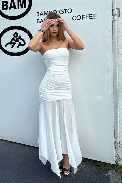 Solid Strapless Mesh Panel Party Dress