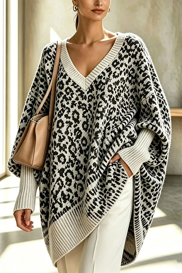 Relaxed Style Knit Leopard Print V-neck Batwing Sleeve Loose Sweater