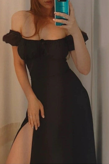 Off Shoulder Puff Sleeve Corset Tie Front High Split Maxi Dress