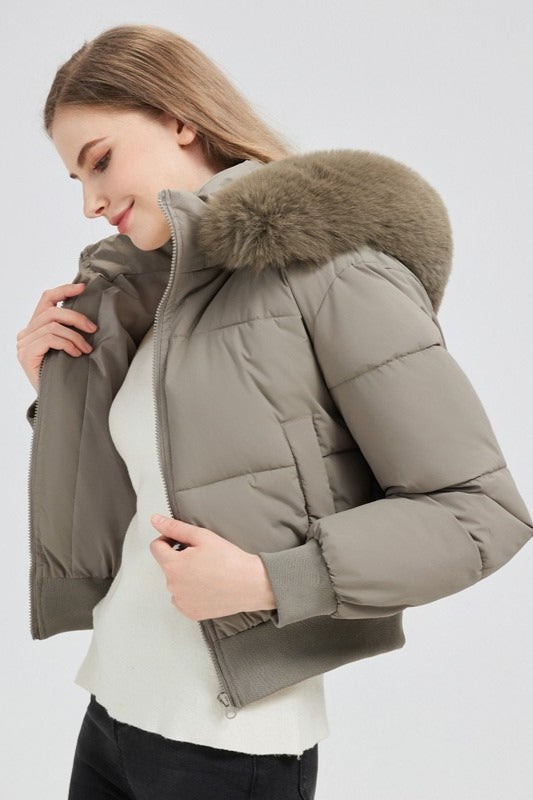 Quilted Cropped Faux Fur Collar Coat