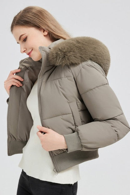 Quilted Cropped Faux Fur Collar Coat