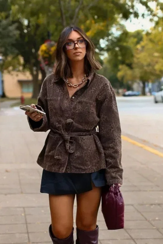 Leopard Lapel Belted Jacket