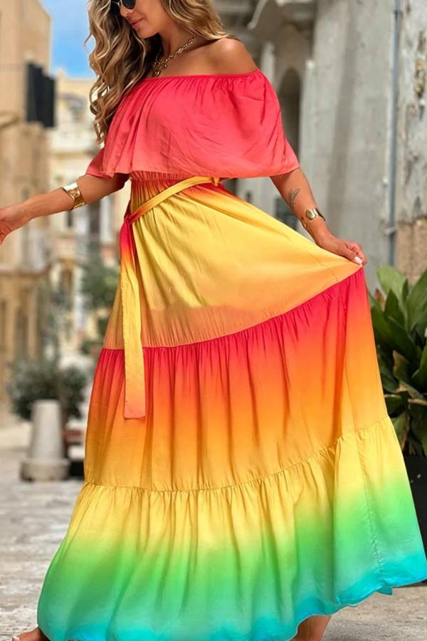 Joyelle Gradient Print Off Shoulder Tie-up Vacation Maxi Dress