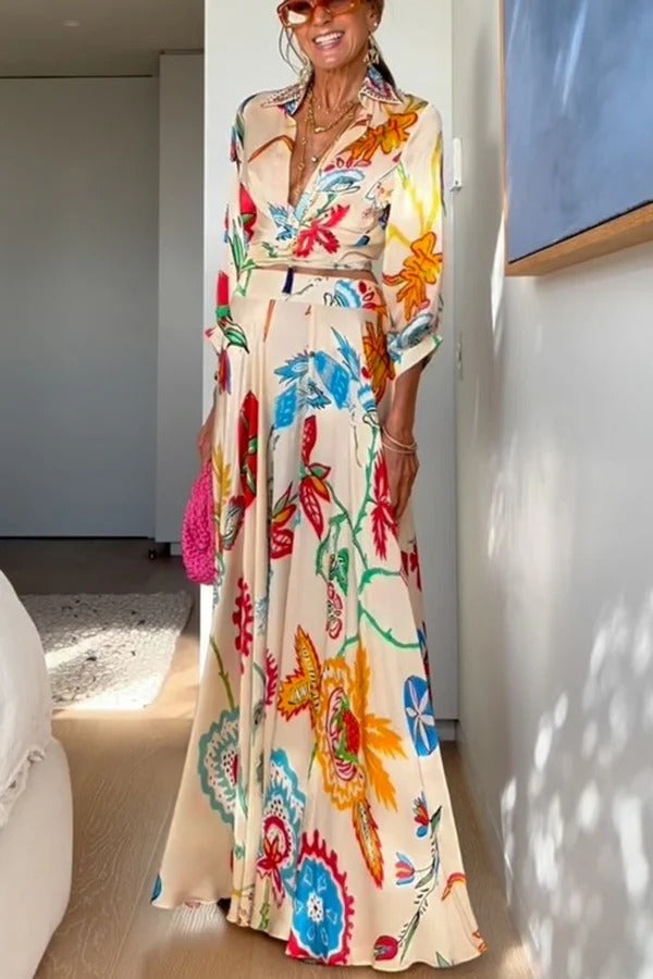 Sanganer Artistic Floral Print Tie-up Crop Blouse and High High Flare Maxi Skirt Set