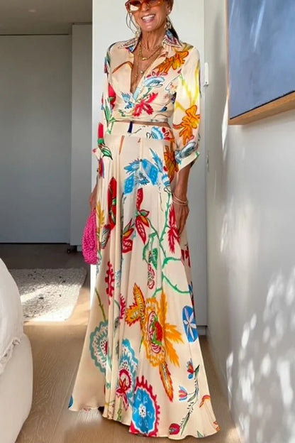 Sanganer Artistic Floral Print Tie-up Crop Blouse and High High Flare Maxi Skirt Set