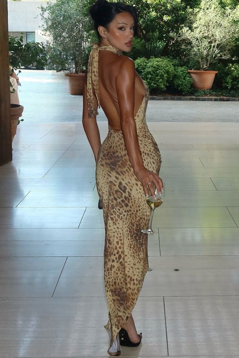 Halter Leopard Print Fitted Backless Asym Midi Dress