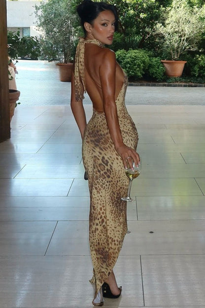 Halter Leopard Print Fitted Backless Asym Midi Dress