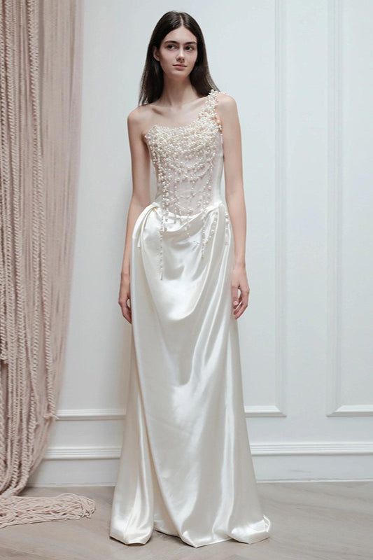 French Strapless Satin Pearl Prom Dress