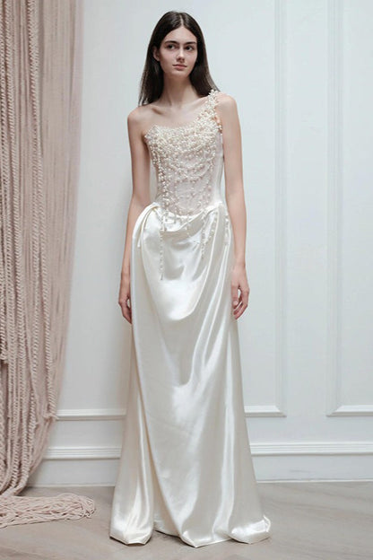 French Strapless Satin Pearl Prom Dress