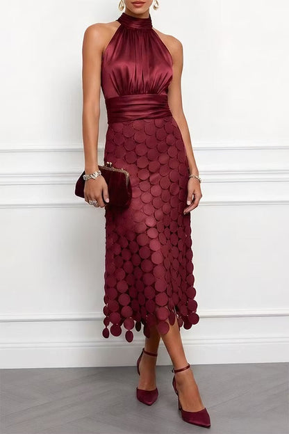 Janice Satin Ruched Halter Neck Sleeveless Embroidered Polka Dot Hem Midi Dress