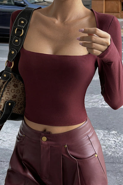 Solid Square Neck Cropped Long Sleeve Tee