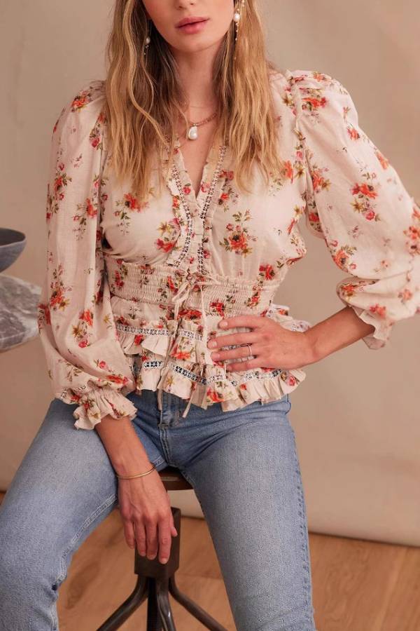 V-Neck Floral Print Waist-Cinched Ruffle Blouse