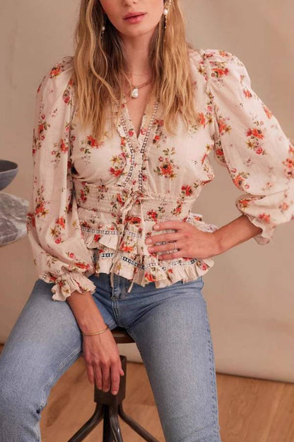 V-Neck Floral Print Waist-Cinched Ruffle Blouse