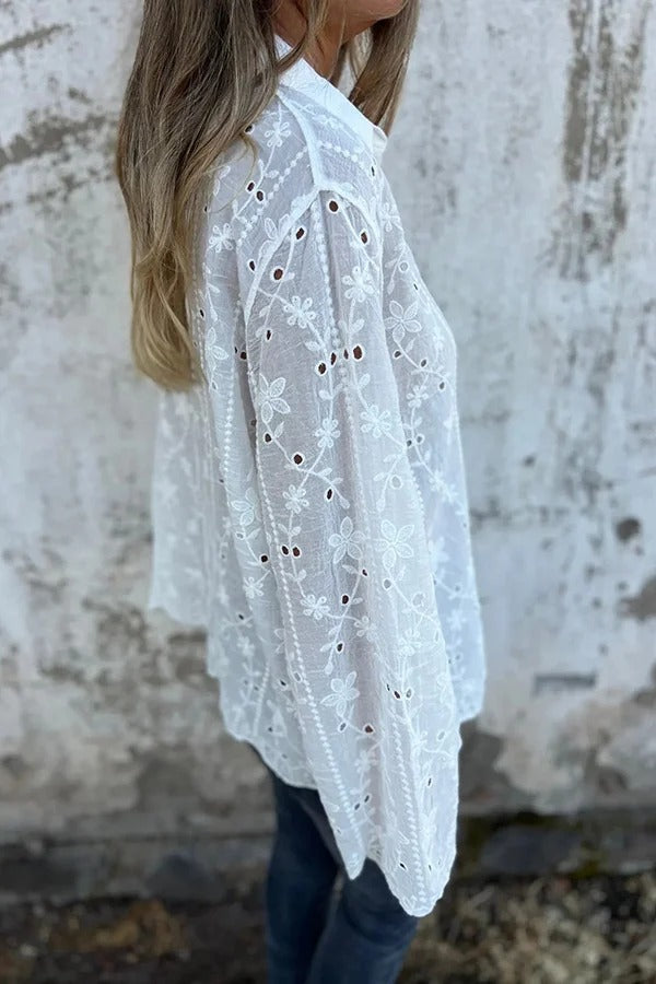 Embroidered Plant Long Sleeve Lapel Hollow Casual Shirt