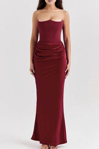 Satin Ruched Strapless Bodycon Dress